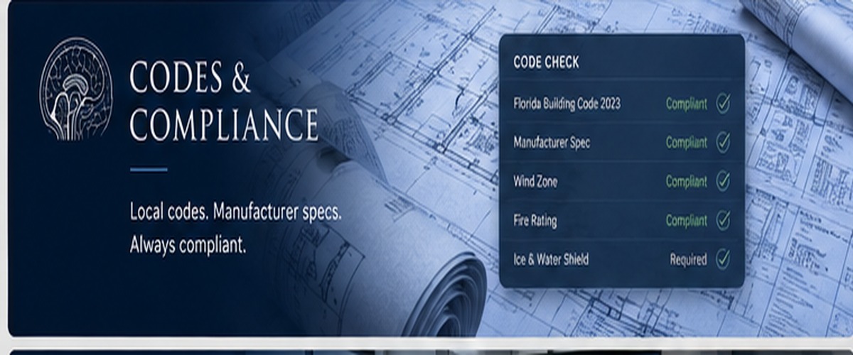 Blueprints representing roofing codes and compliance